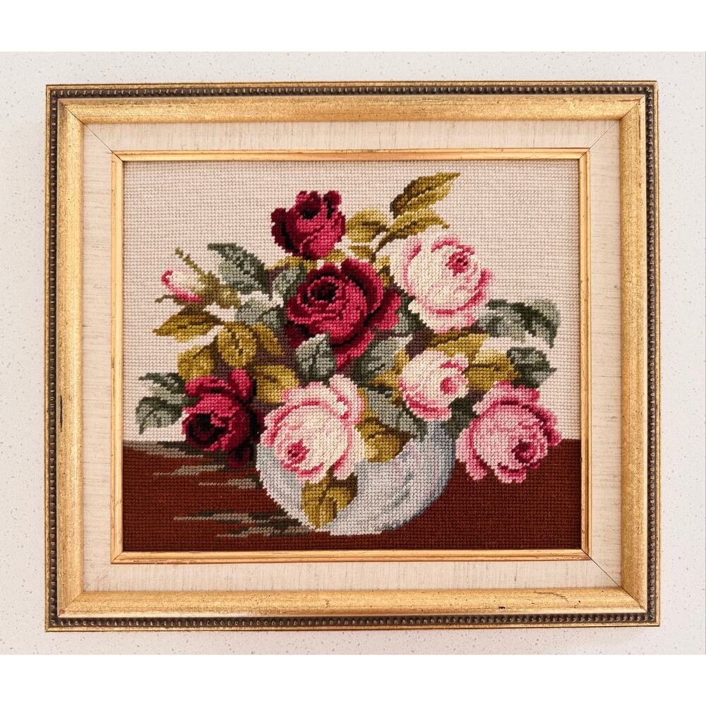 Vintage Framed Needlepoint Floral Still Life Roses Gold Frame